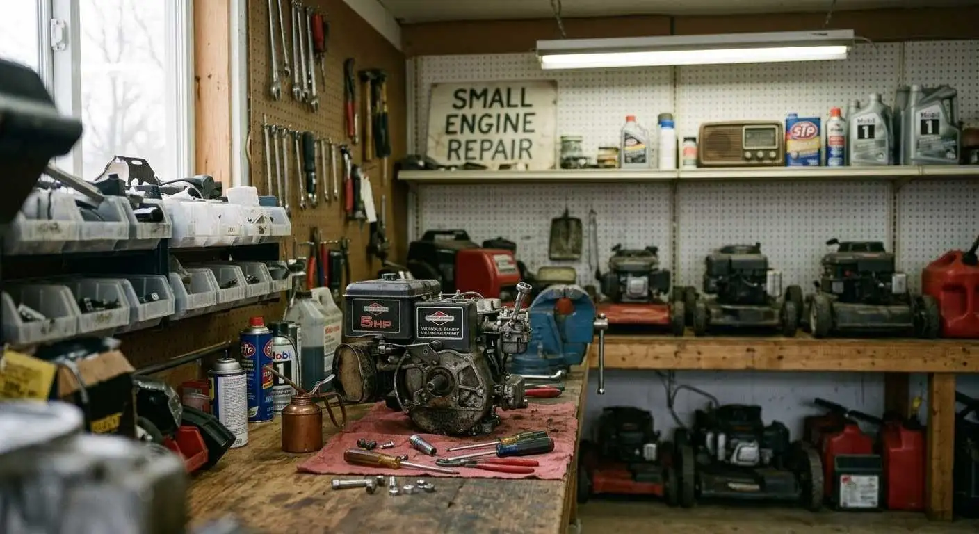 Small engine under repair at a workbench